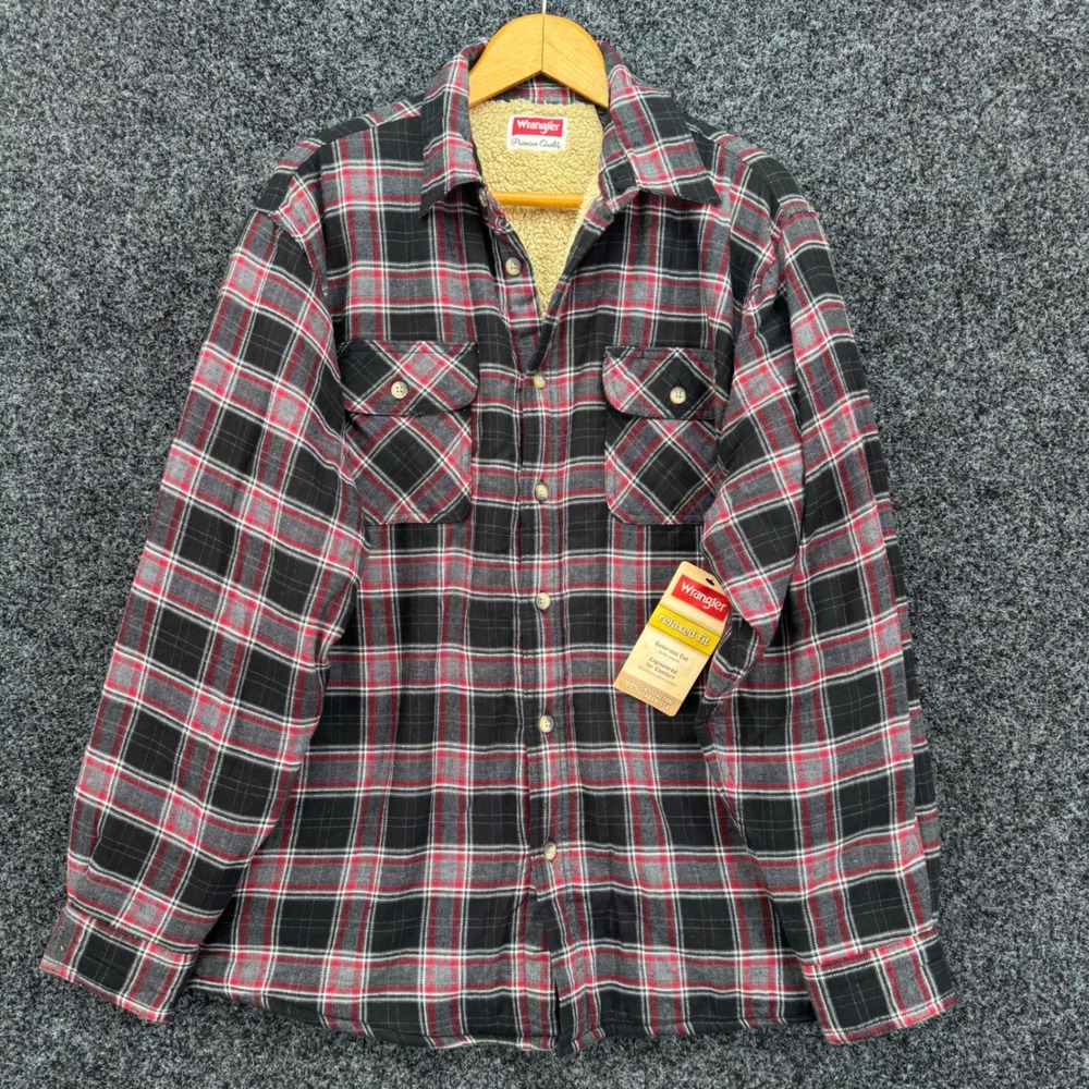 Wrangler Mens Red Black Plaid Sherpa Lined Flannel Shirt Jacket HES3LWA Large L